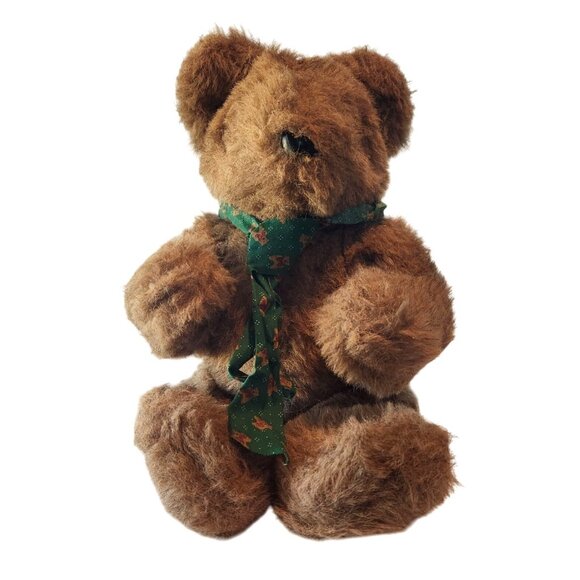Vintage Brown Teddy Bear With Green Christmas Scarf - Picture 1 of 16